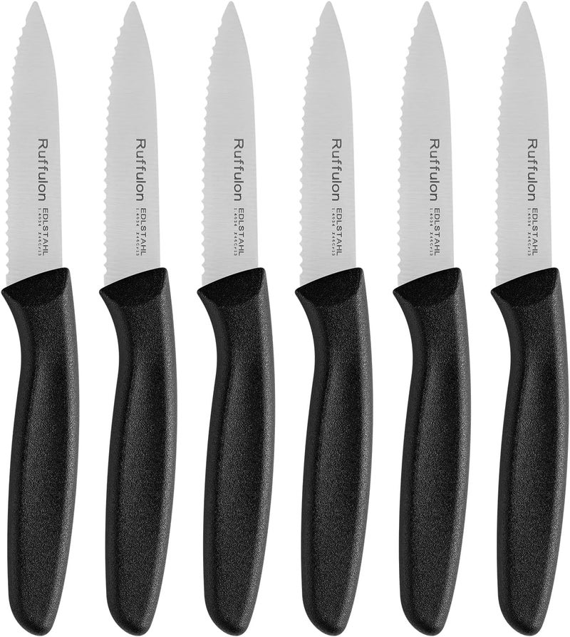 Ruffulon Stainless Steel Paring Knife With Serrated Blade, 6 Pieces Set Vegetable and Fruit Knife, Ultra Sharp Small Kitchen Knife, Black Paring Knifves with PP Plastic Ergonomic Handle. - Image 1